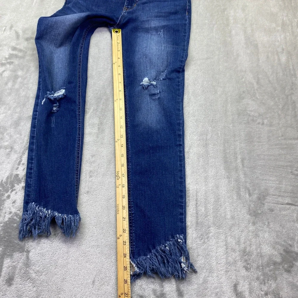 Free People Great Heights Distressed Skinny Jeans Blue Fringe Raw Hem‎ Size 26
